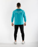 men blue t shirt long sleeve back view