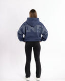 women oversized blue hoodie back view