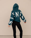 women oversized blue hoodie back view