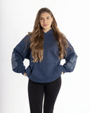 women oversized blue hoodie front view