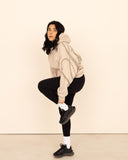women oversized beige hoodie side view