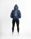 women oversized blue hoodie back view