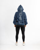 women oversized blue hoodie back view
