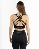 Women black sport bra straps back view