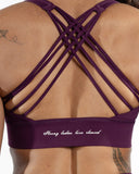Women violet sport bra straps logo view