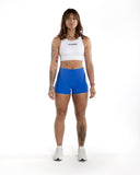 women blue short front view