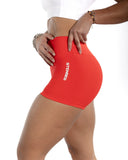 women red short side view